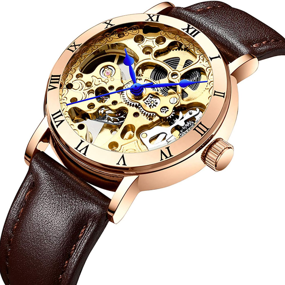Automatic Mechanical Skeleton Watch with Steel or Leather Strap